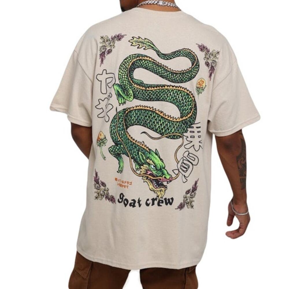 NWOT GOAT CREW Tshirt Mens M Graphic Dragon Beige Green Short Sleeve Y2K Edgy